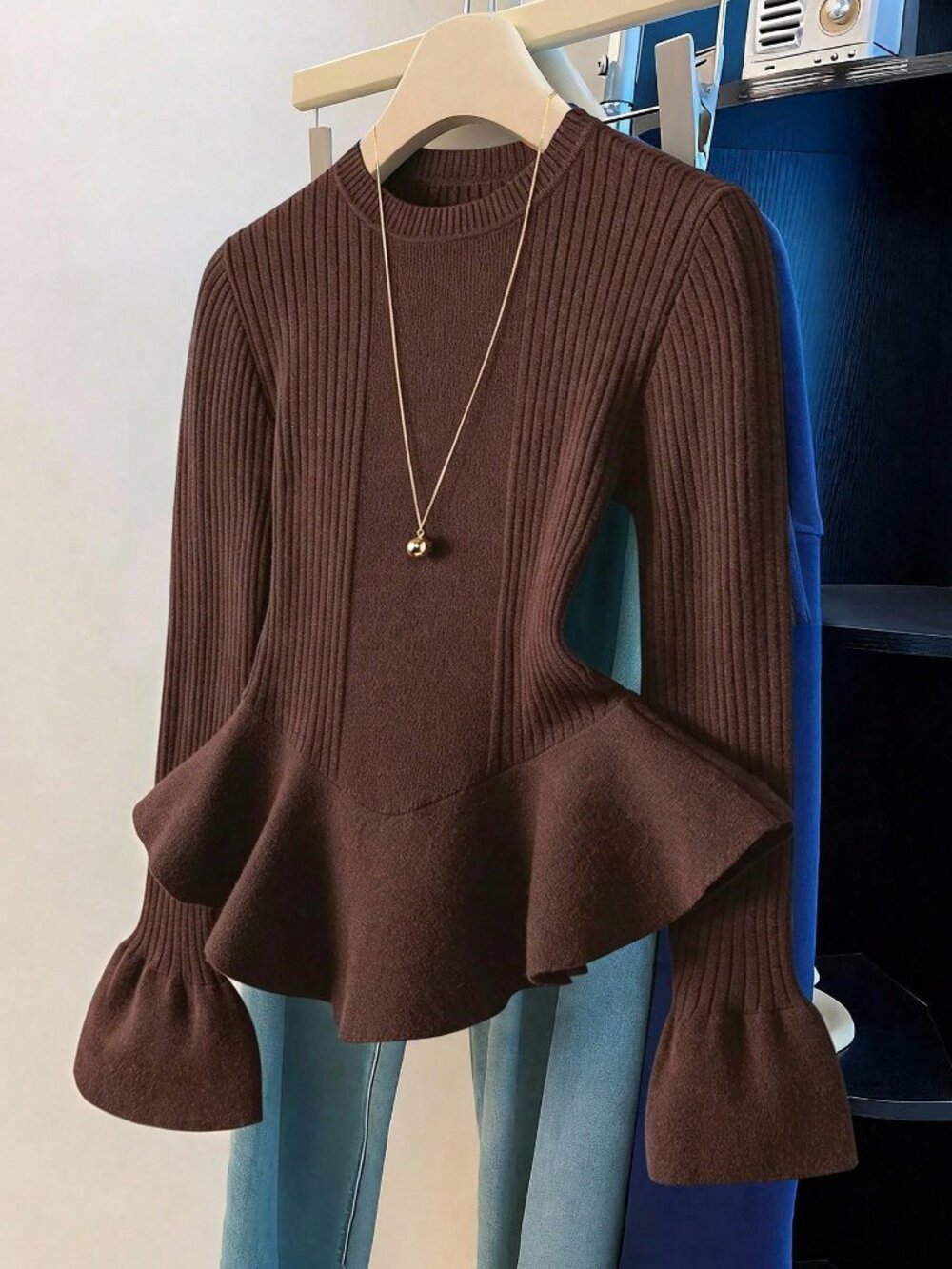 Coffee Brown Casual Women's Elegant Cinched Waist Ruffle Hem Bell Sleeve Sweater